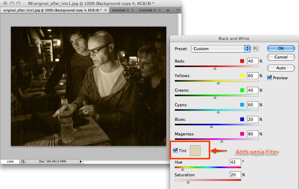 Use the Black and White filter to add sepia tones Use the Black and White filter to add sepia tones